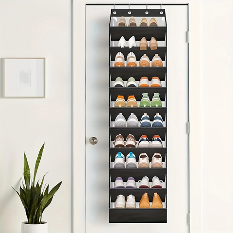 10 Tier Over the Door Foldable Shoe Organiser Black Holds 20 Pairs