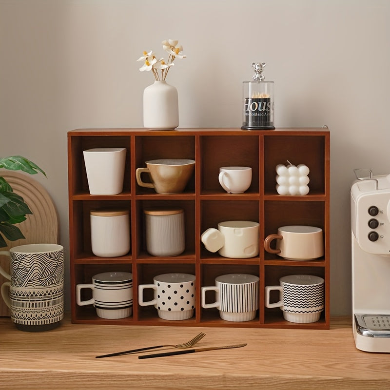 Premium Wood Storage Box & Cup Organiser – Brown 8 Compartment Holder