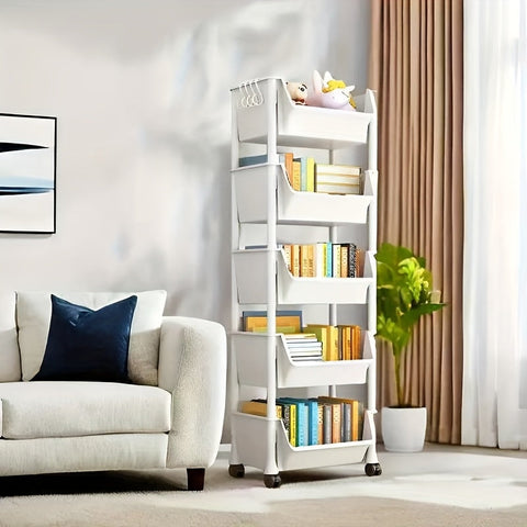 5 Tier Mobile Bookshelf Office Cart Light Beige Rolling Storage Organiser