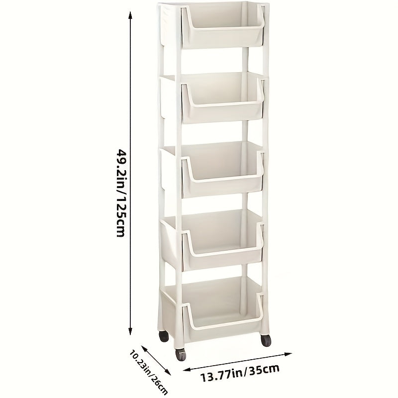 5 Tier Mobile Bookshelf Office Cart Light Beige Rolling Storage Organiser