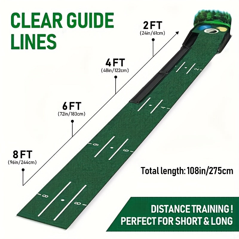 Premium Green Golf Putting Mat with Automatic Ball Return - 275cm