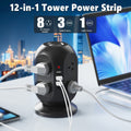 Premium 12-in-1 Tower Power Strip with 8 AC Outlets & USB-C - Black