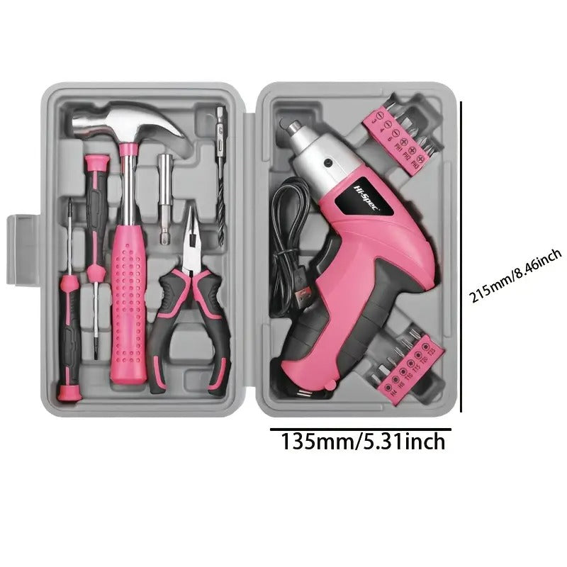 Premium Cordless Electric Screwdriver Tool Set with USB Charging - Pink 3.6V