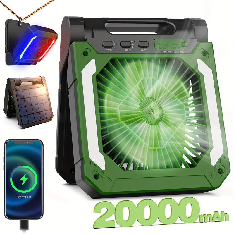 Premium Green 20000mAh Solar Camping Fan with LED Light USB Rechargeable