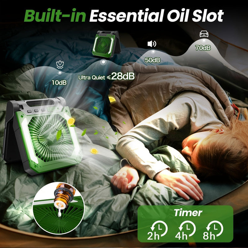 Premium Green 20000mAh Solar Camping Fan with LED Light USB Rechargeable
