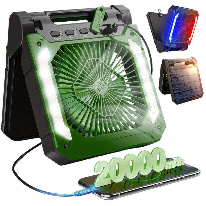 Premium Green 20000mAh Solar Camping Fan with LED Light USB Rechargeable
