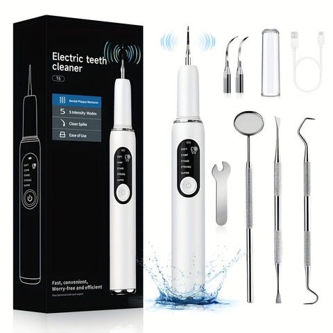 White Rechargeable Electric Tooth Cleaner with LED Light 5 Modes and 2 Heads
