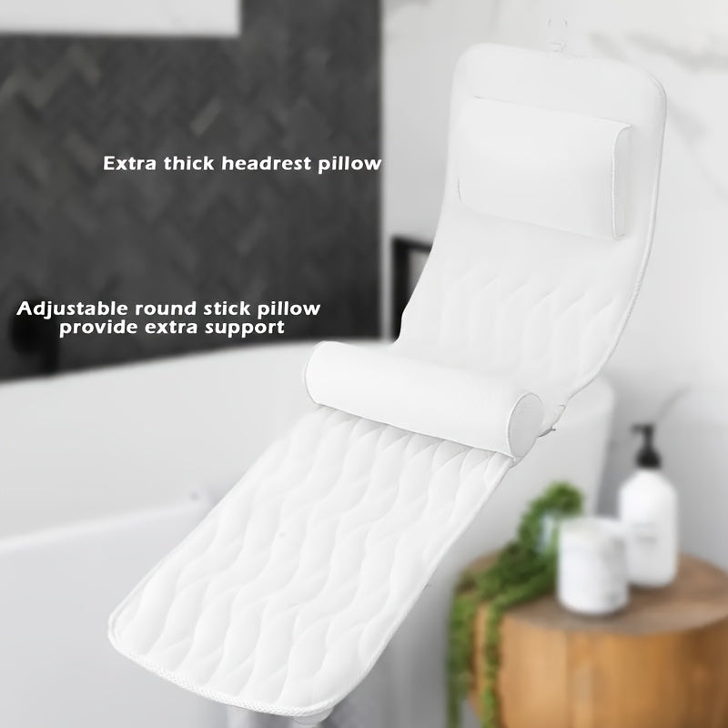 White Full Body Bathtub Pillow 123x40cm Quick Dry Bath Cushion with 11 Suction Cups