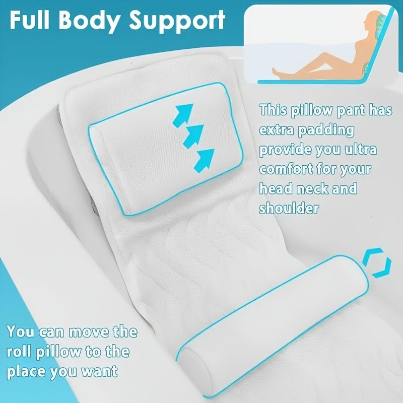 White Full Body Bathtub Pillow 123x40cm Quick Dry Bath Cushion with 11 Suction Cups