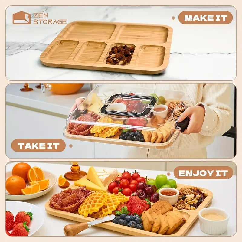 Premium Bamboo Cheese Tray – Food Serving Board with Acrylic Lid