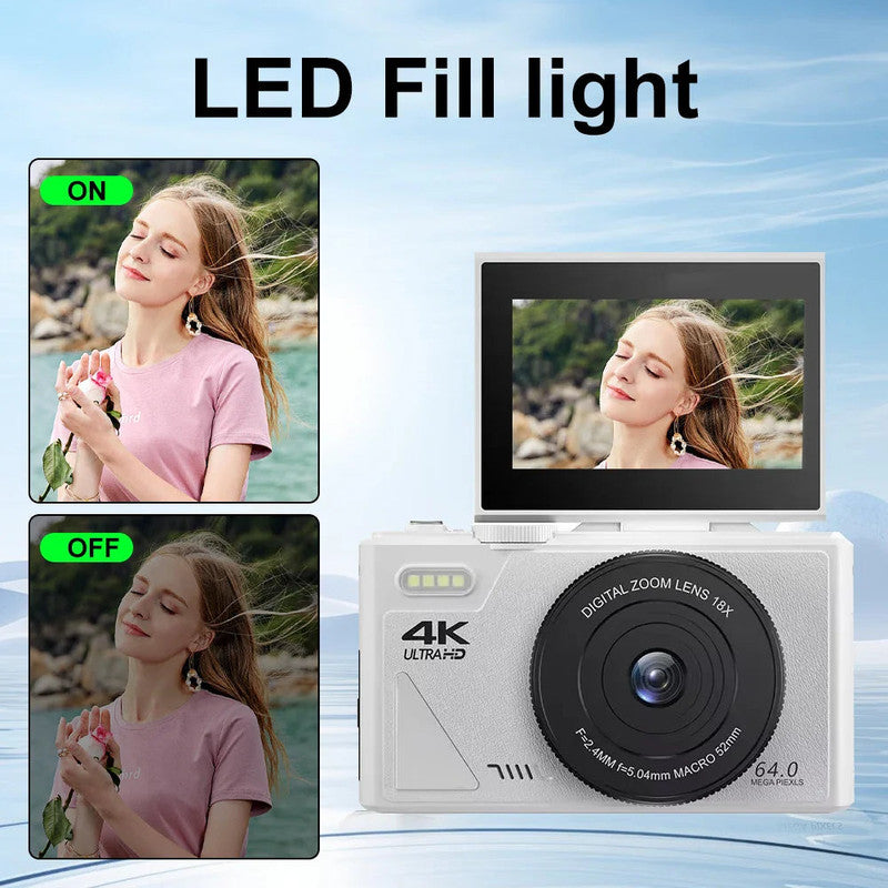 Premium White 4K Digital Camera with 3 Inch Flip Screen WiFi 32GB Card