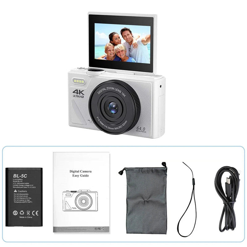 Premium White 4K Digital Camera with 3 Inch Flip Screen WiFi 32GB Card