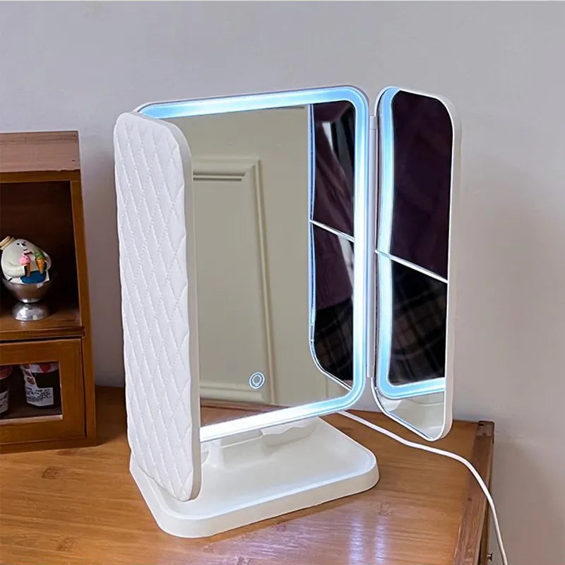 Trifold LED Makeup Mirror with Adjustable Beauty Lights and Foldable Design