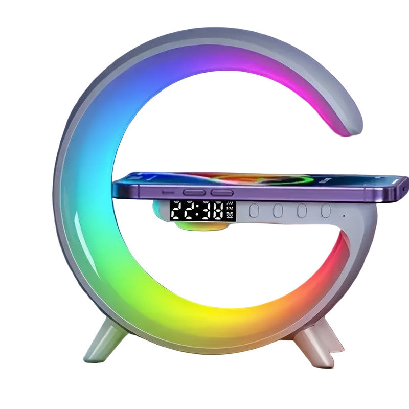 Premium White Wireless Bluetooth Speaker with RGB Light Alarm and Wireless Charging