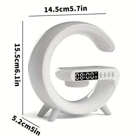 Premium White Wireless Bluetooth Speaker with RGB Light Alarm and Wireless Charging