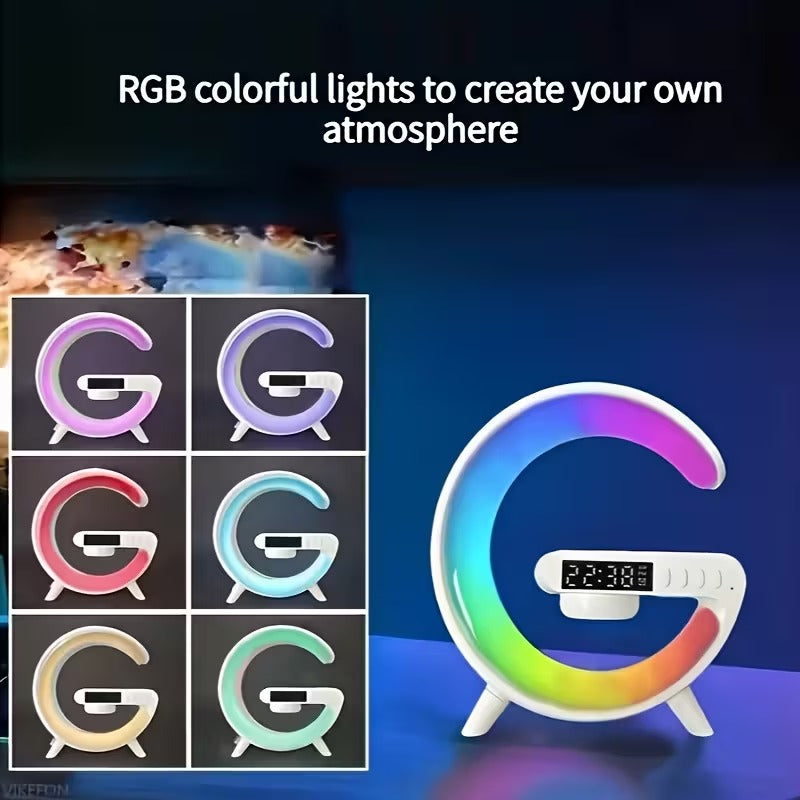 Premium White Wireless Bluetooth Speaker with RGB Light Alarm and Wireless Charging