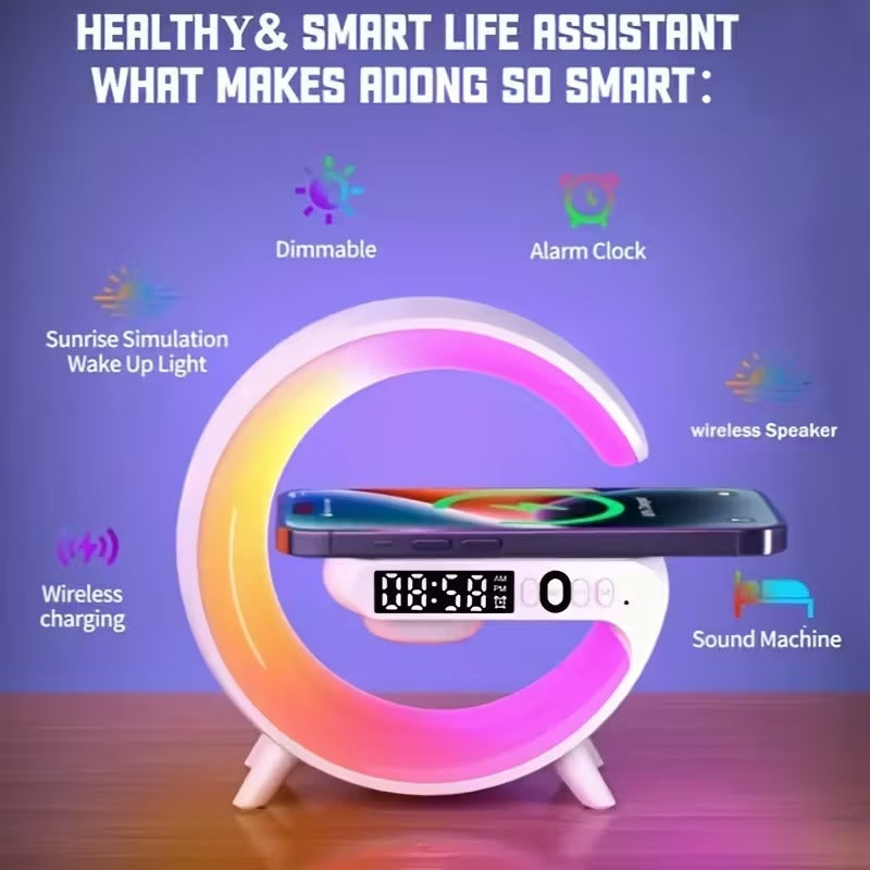 Premium White Wireless Bluetooth Speaker with RGB Light Alarm and Wireless Charging