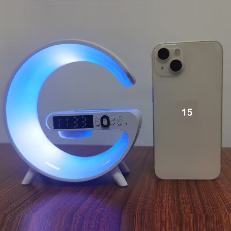 Premium White Wireless Bluetooth Speaker with RGB Light Alarm and Wireless Charging
