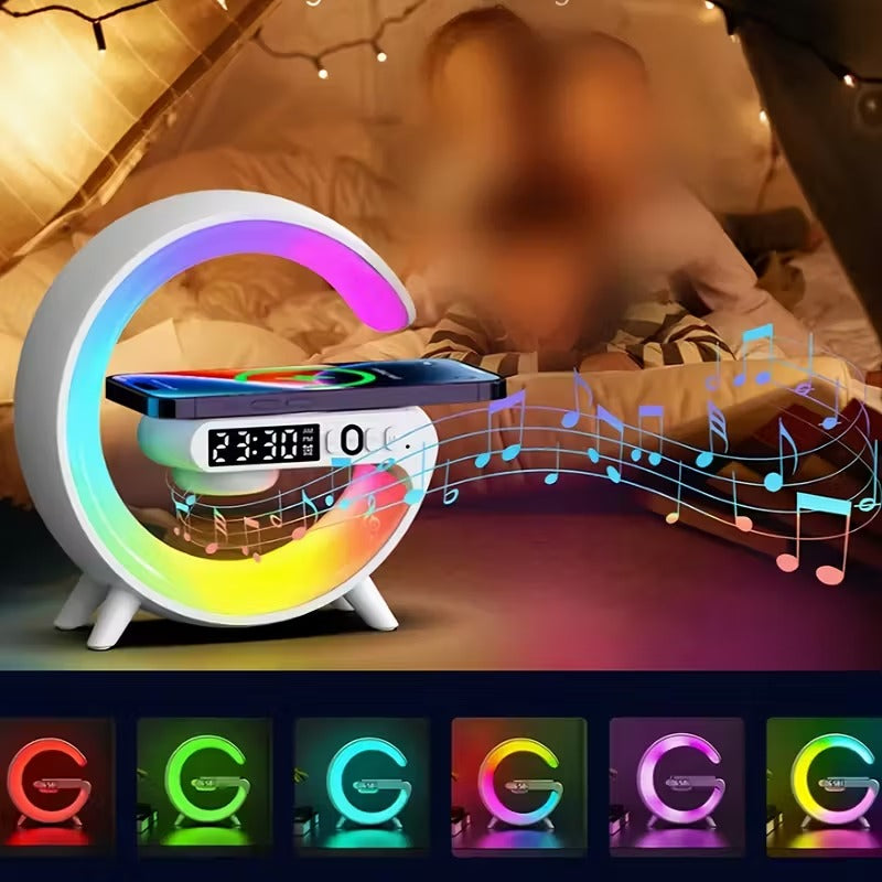 Premium White Wireless Bluetooth Speaker with RGB Light Alarm and Wireless Charging