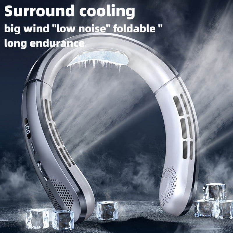 Premium Silvery USB Rechargeable Hanging Neck Fan Leafless Portable Cooling