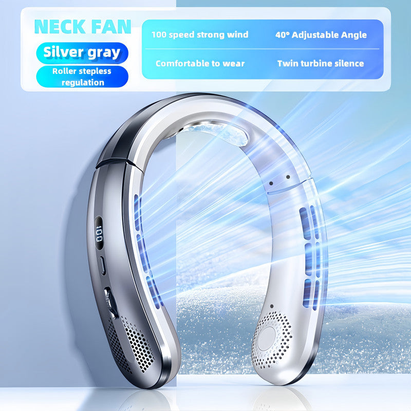 Premium Silvery USB Rechargeable Hanging Neck Fan Leafless Portable Cooling