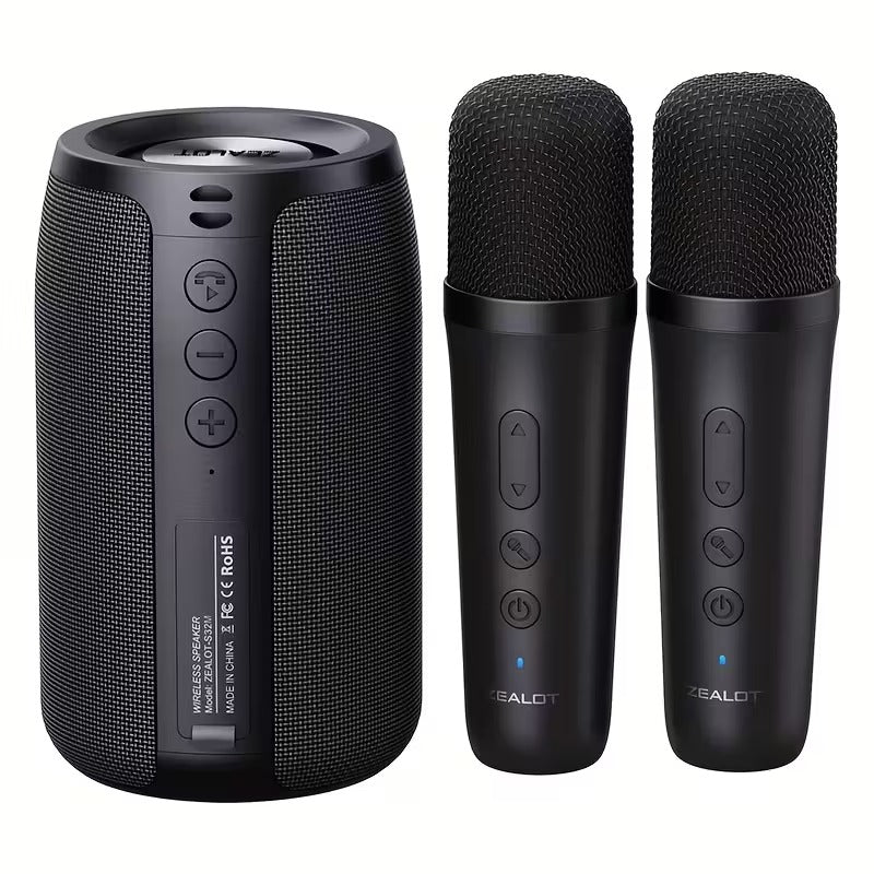 Premium Black Wireless Speaker with Dual Karaoke Microphones 1800mAh