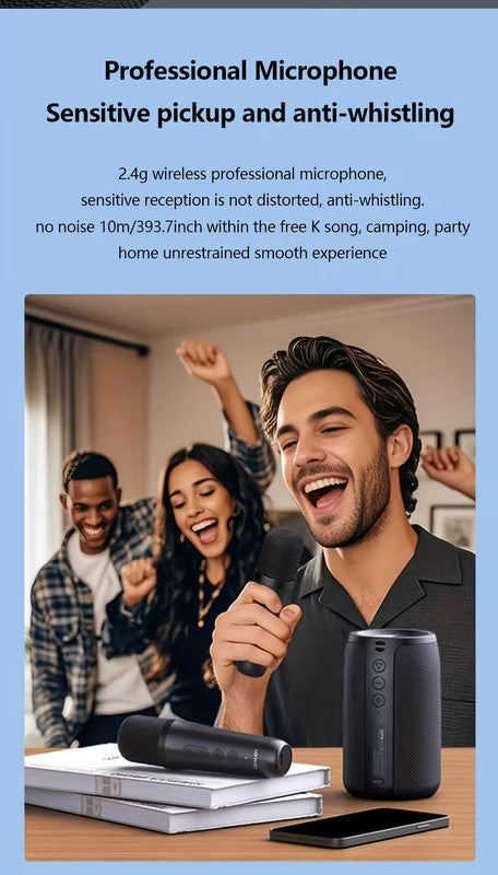 Premium Black Wireless Speaker with Dual Karaoke Microphones 1800mAh