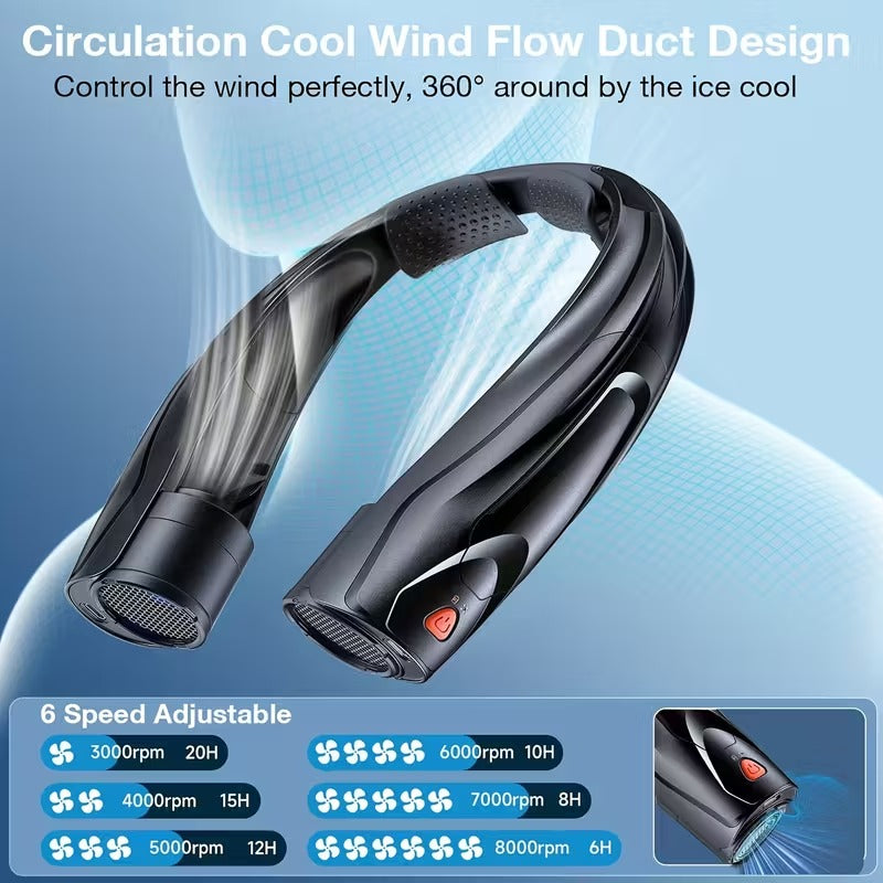 Premium Black Portable USB Neck Fan 6000mAh 6 Speed Hands Free Cooling