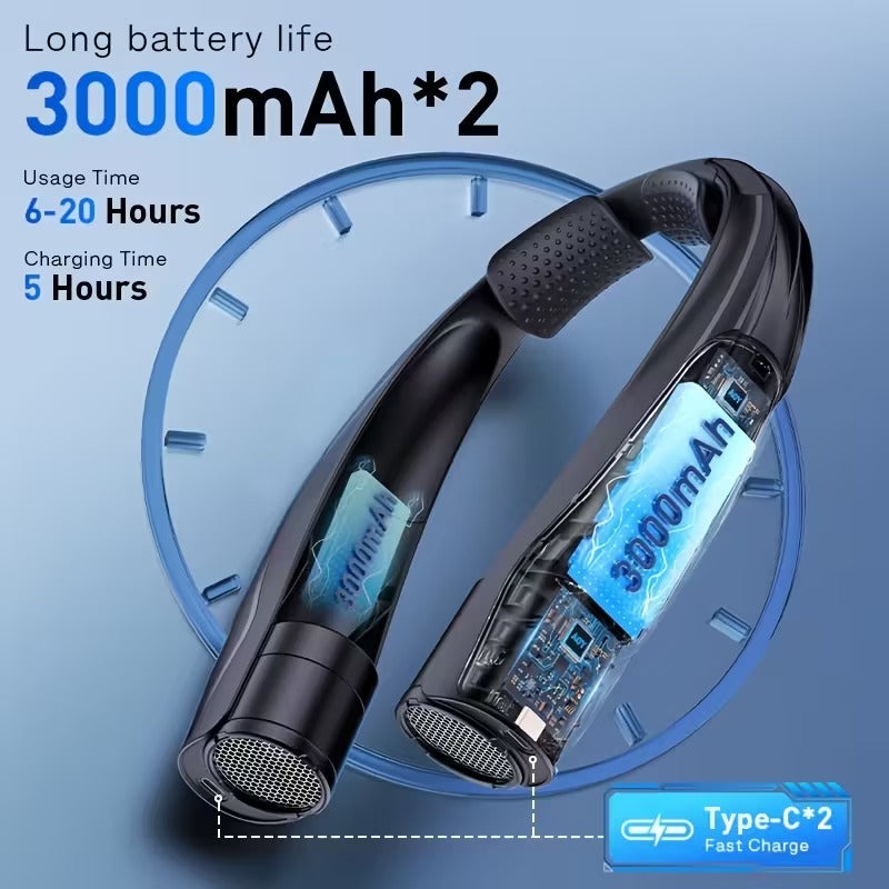 Premium Black Portable USB Neck Fan 6000mAh 6 Speed Hands Free Cooling