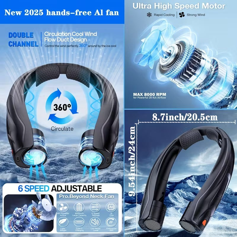 Premium Black Portable USB Neck Fan 6000mAh 6 Speed Hands Free Cooling