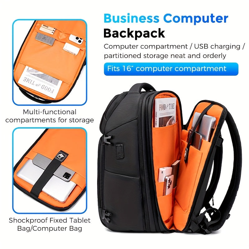 Premium Men's Laptop Backpack – Black 16 Inch, Expandable with USB Charging Port