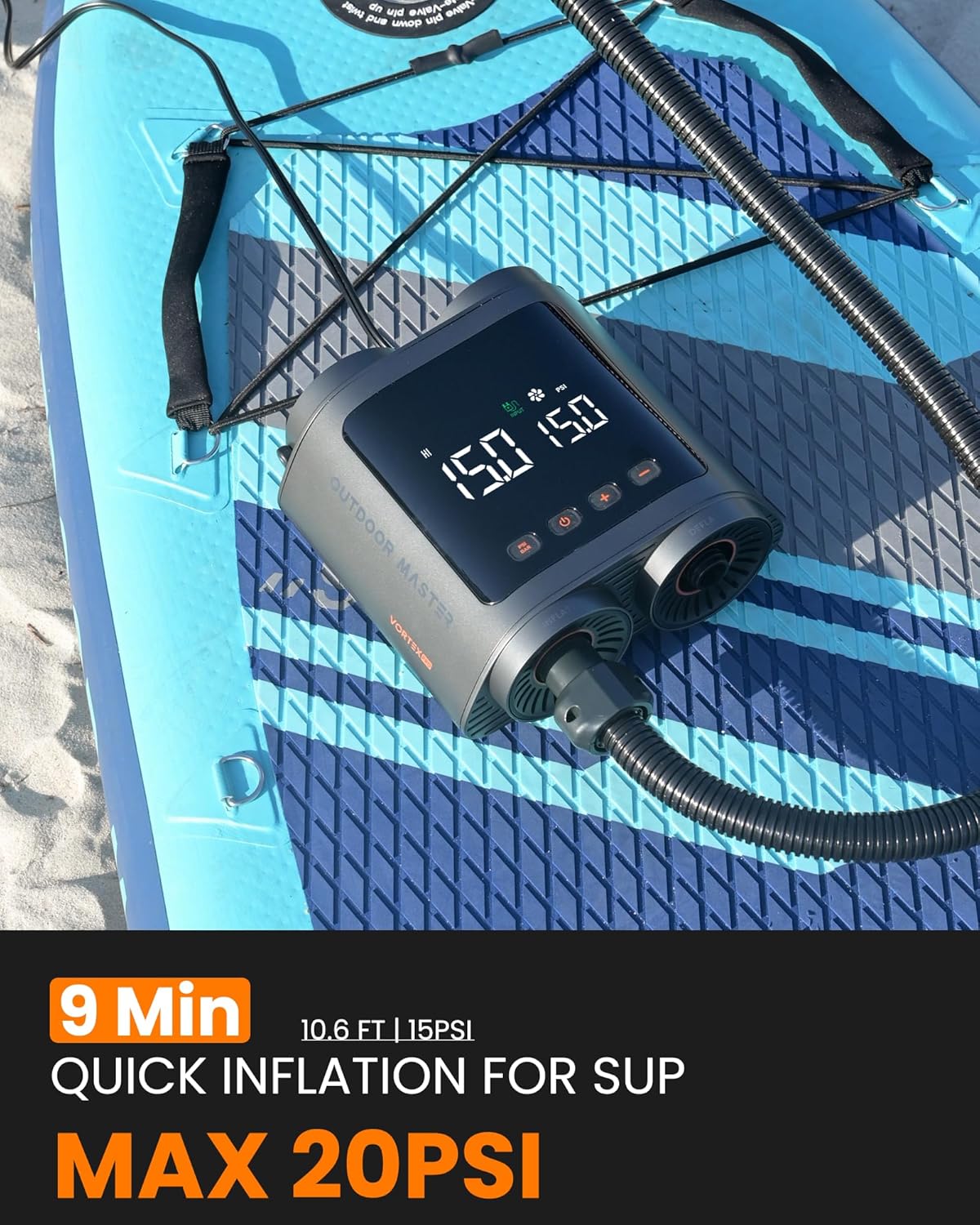 OutdoorMaster Portable Electric Paddle Board Pump, Max 20PSI, 8 Nozzles, 12V/15.8V DC - SuperSaverAU - view 2