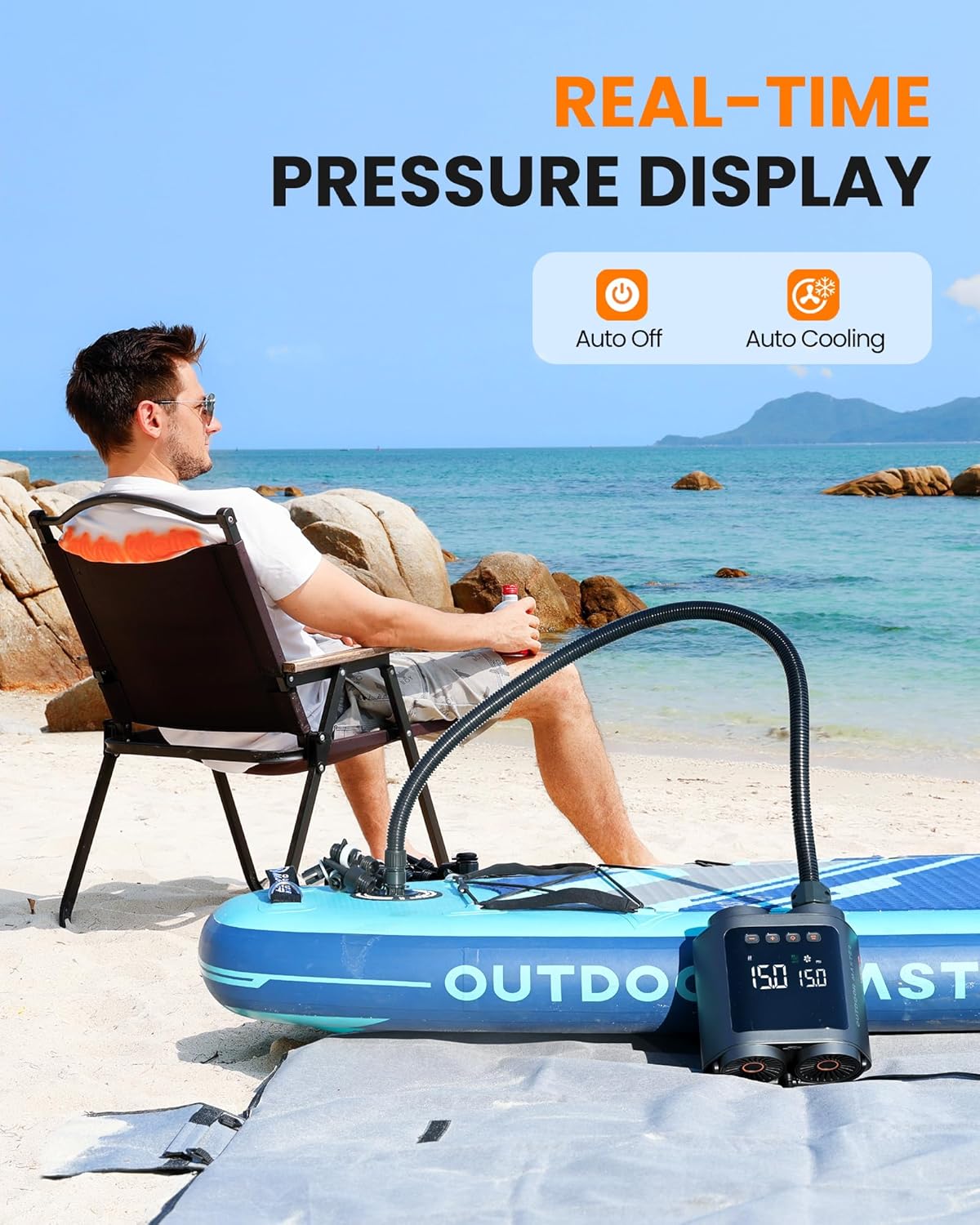 OutdoorMaster Portable Electric Paddle Board Pump, Max 20PSI, 8 Nozzles, 12V/15.8V DC - SuperSaverAU - view 4