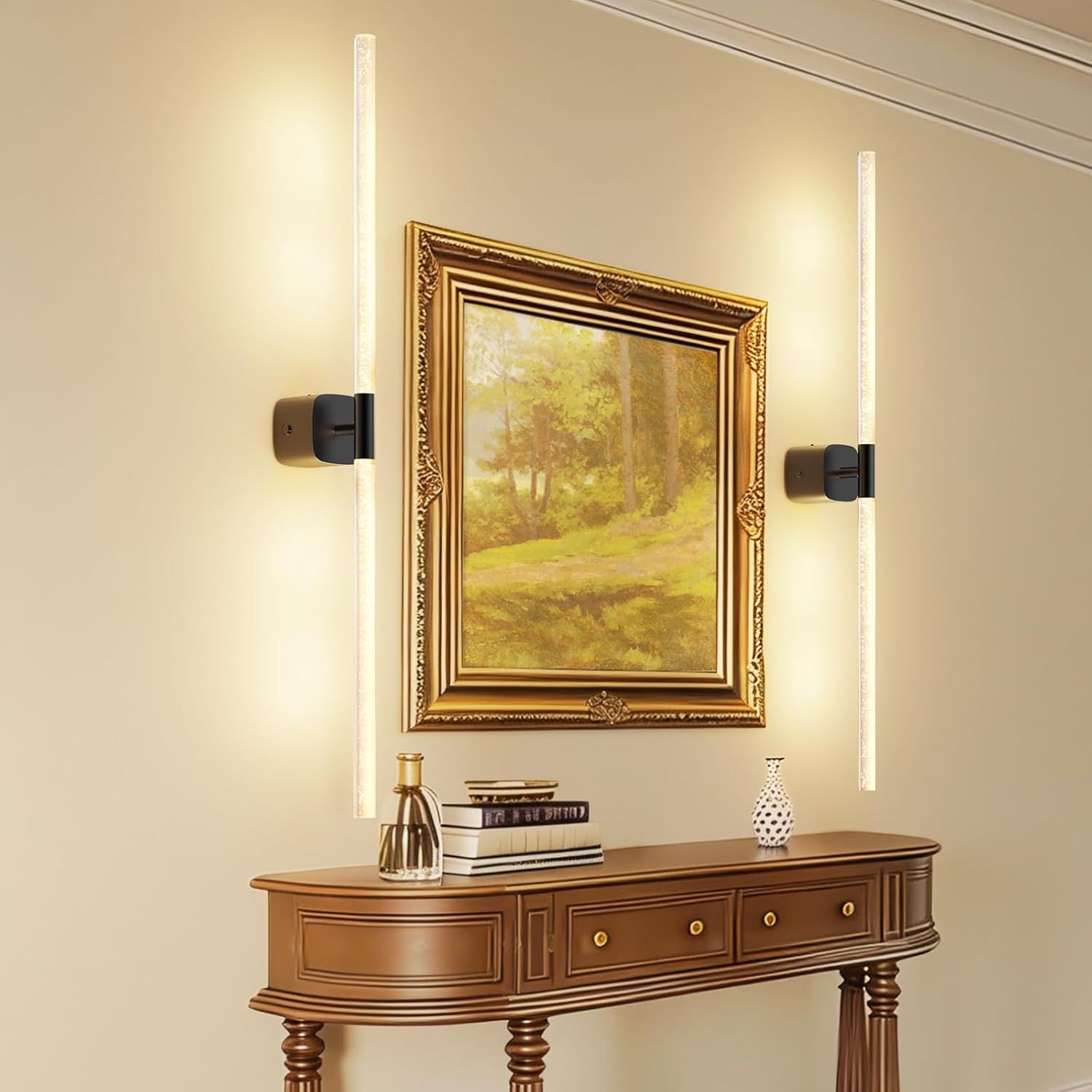 Premium Battery Operated Wall Sconces – Black 31.49 Inch 2 Pack, Remote & 360° Rotation