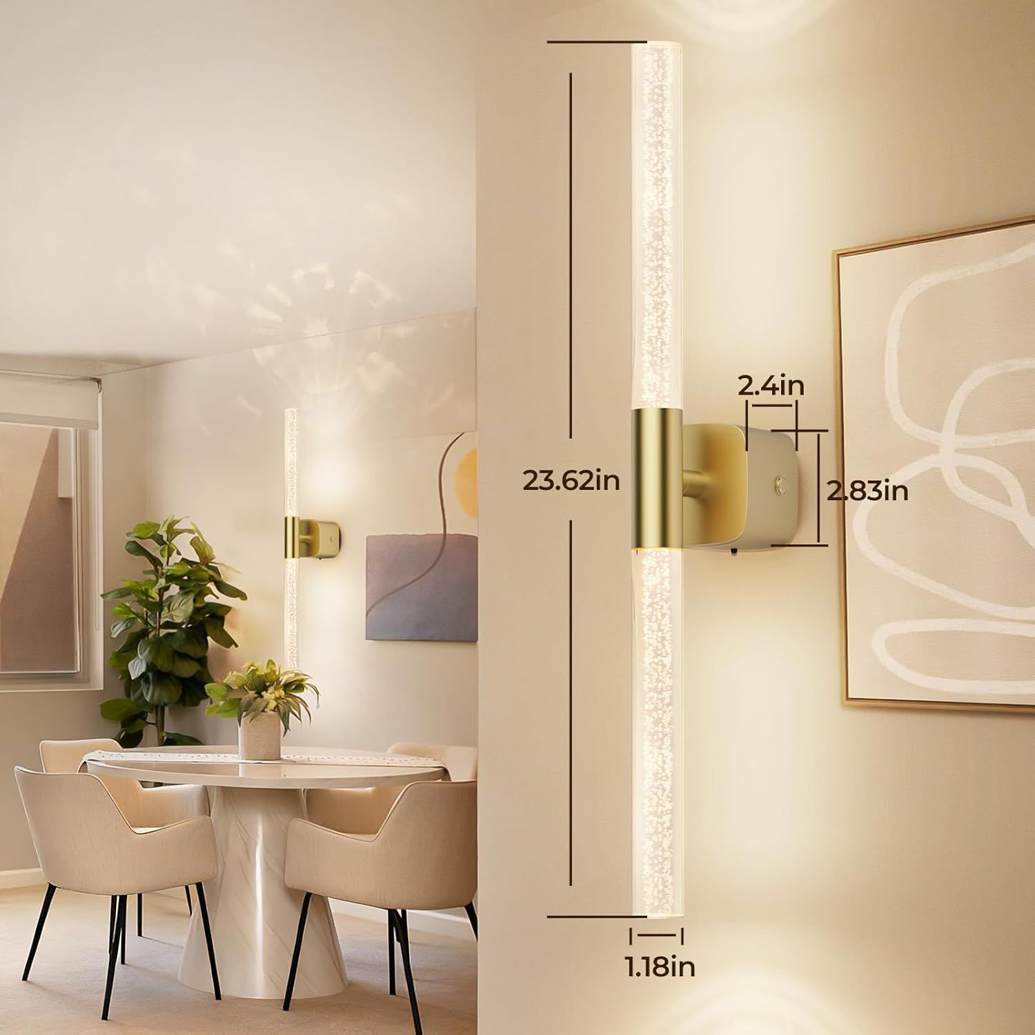 Premium Battery Operated Wall Sconces – Brushed Gold 24 Inch 2 Pack, 12000mAh Battery