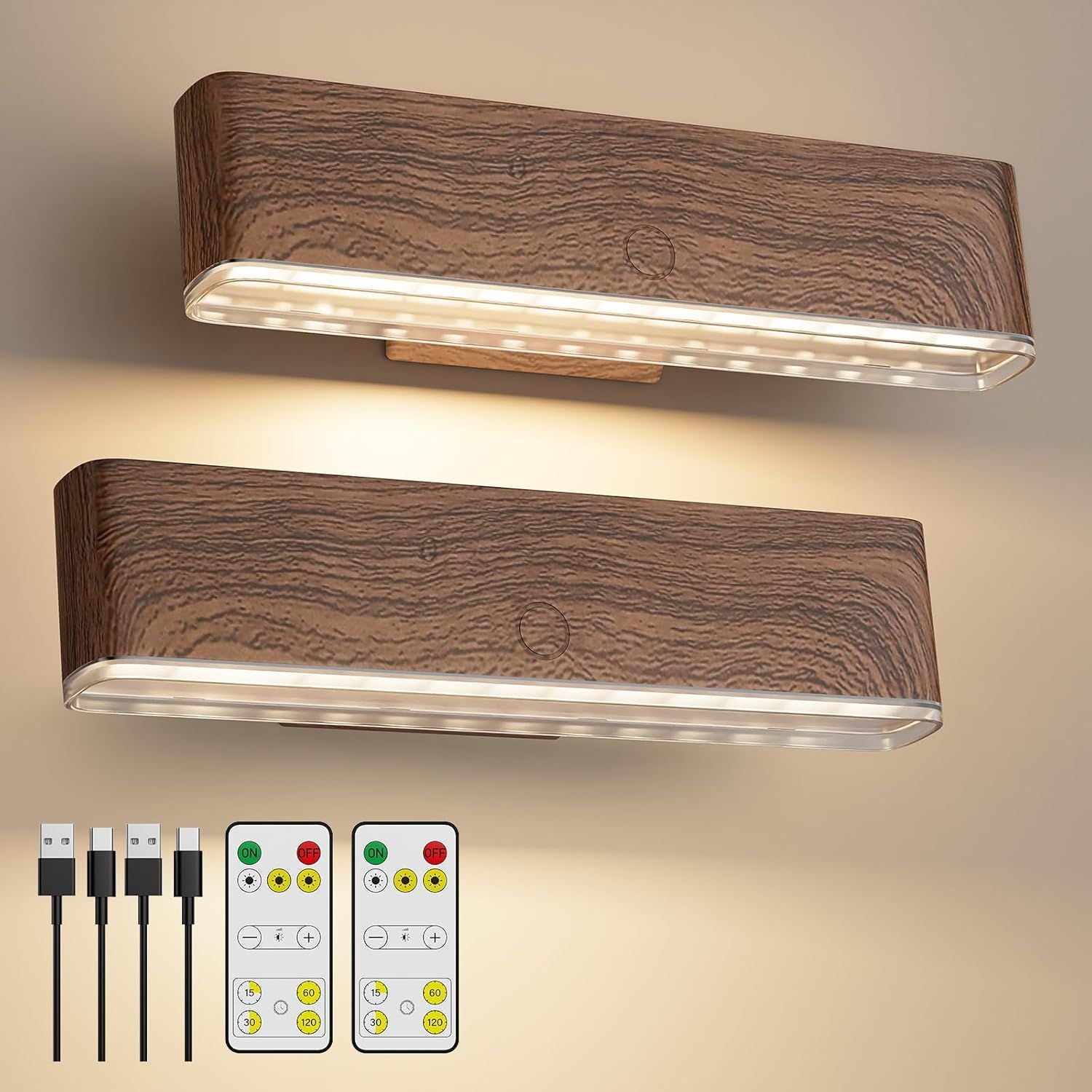 Premium Magnetic Battery Operated Wall Sconces – Walnut 2 Pack, 4000mAh Remote Control