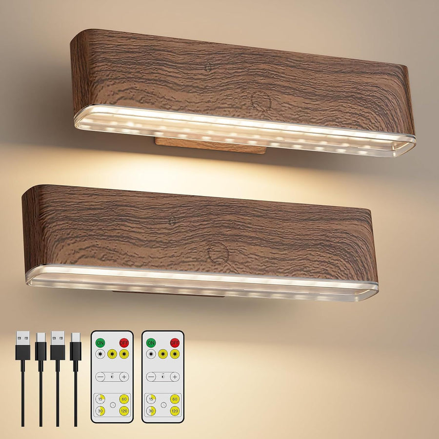 Premium Magnetic Battery Operated Wall Sconces – Walnut 2 Pack, 4000mAh Remote Control