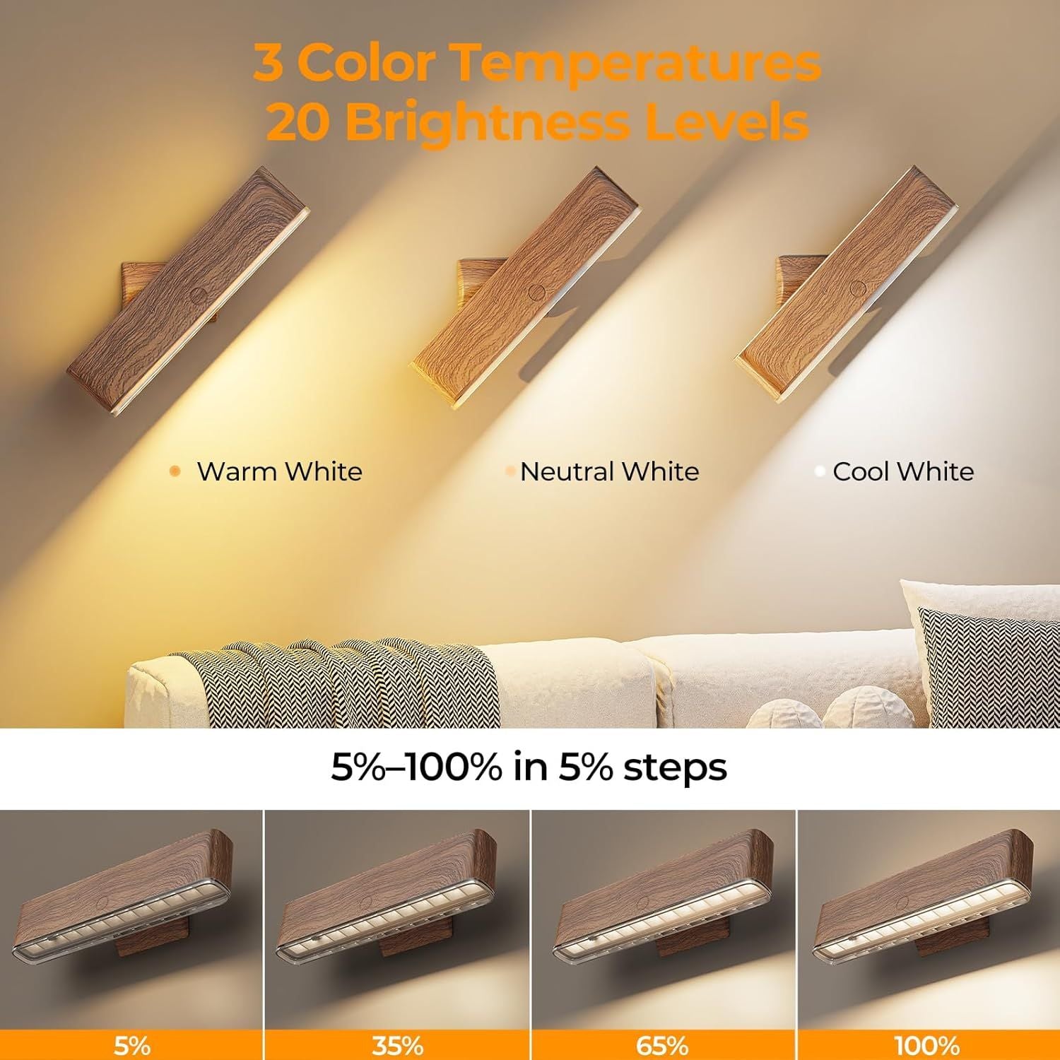 Premium Magnetic Battery Operated Wall Sconces – Walnut 2 Pack, 4000mAh Remote Control