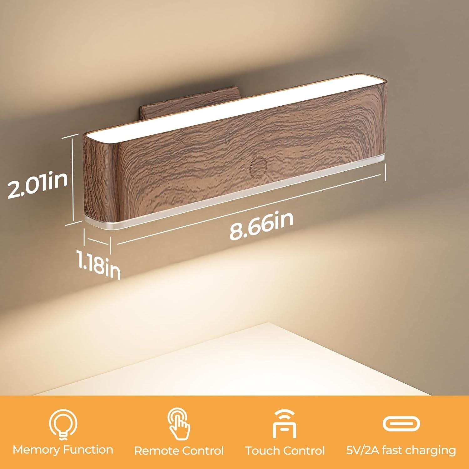Premium Magnetic Battery Operated Wall Sconces – Walnut 2 Pack, 4000mAh Remote Control