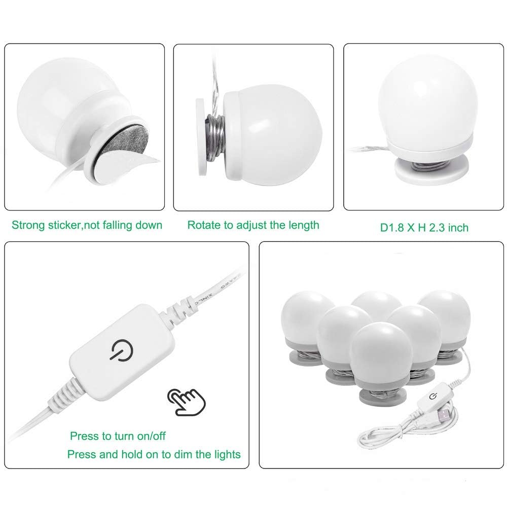 Dimmable LED Vanity Mirror Lights Kit 4000K Natural White 6 Bulbs 18.6ft USB - SuperSaverAU - view 2