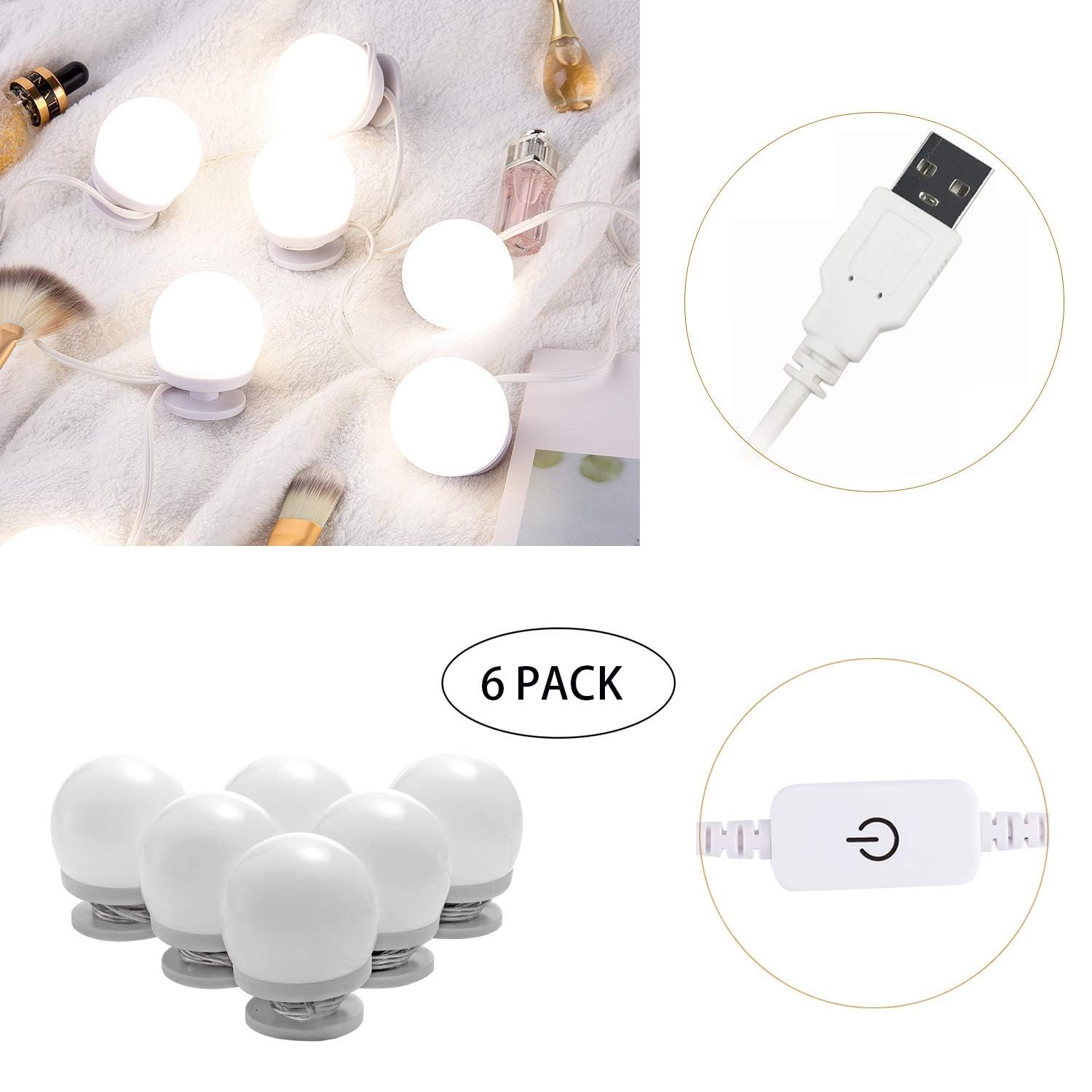 Dimmable LED Vanity Mirror Lights Kit 4000K Natural White 6 Bulbs 18.6ft USB - SuperSaverAU - view 3