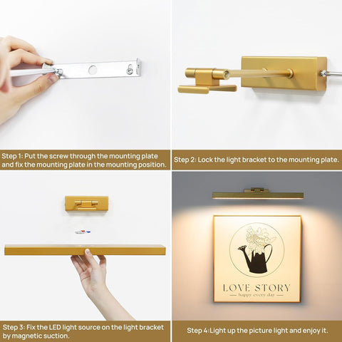 Premium Battery Operated Picture Light – Gold 16 Inch, 4000mAh Remote & Touch Control