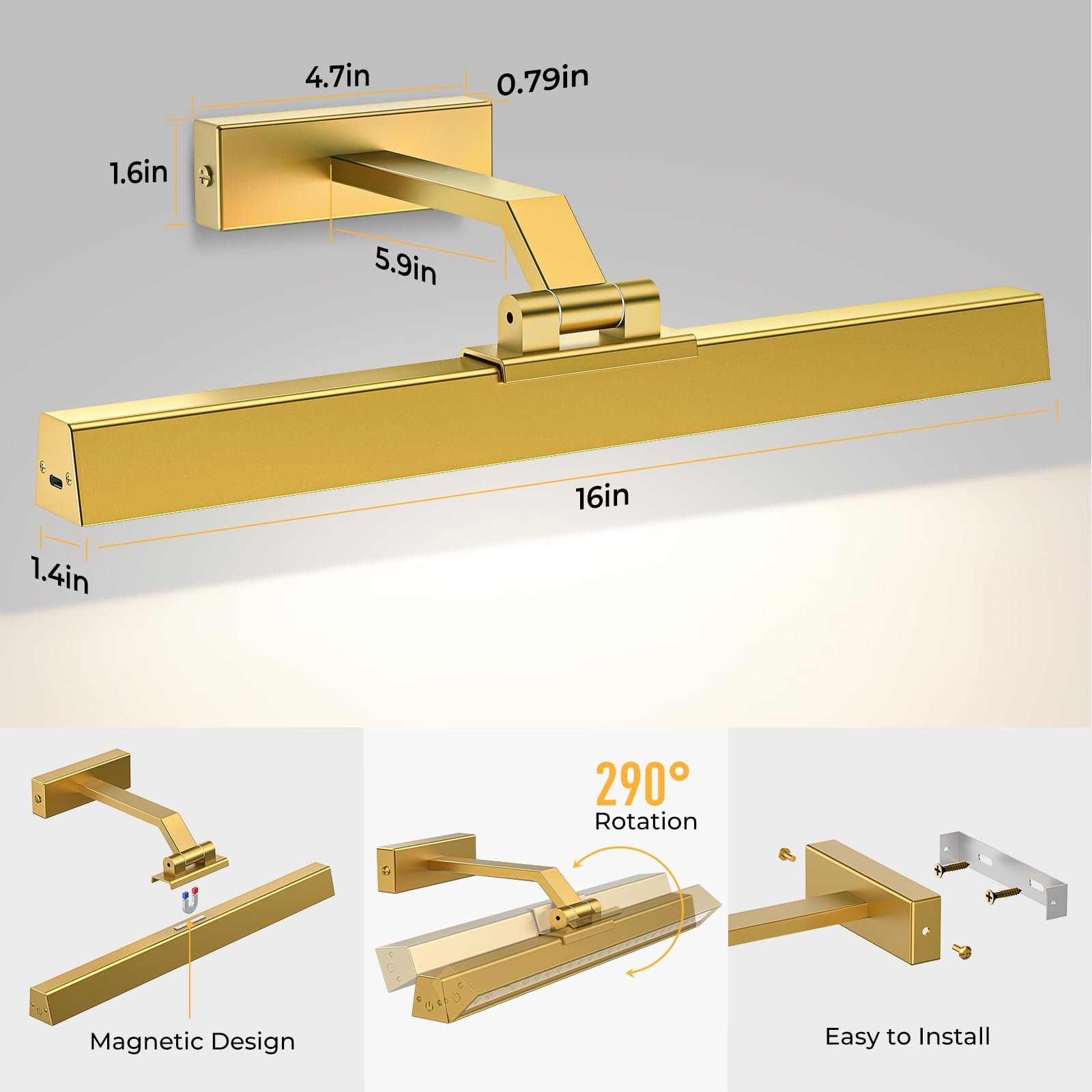 V1171 Battery Operated Picture Light 16in, Remote Control, Dimmable, Gold - SuperSaverAU - view 8