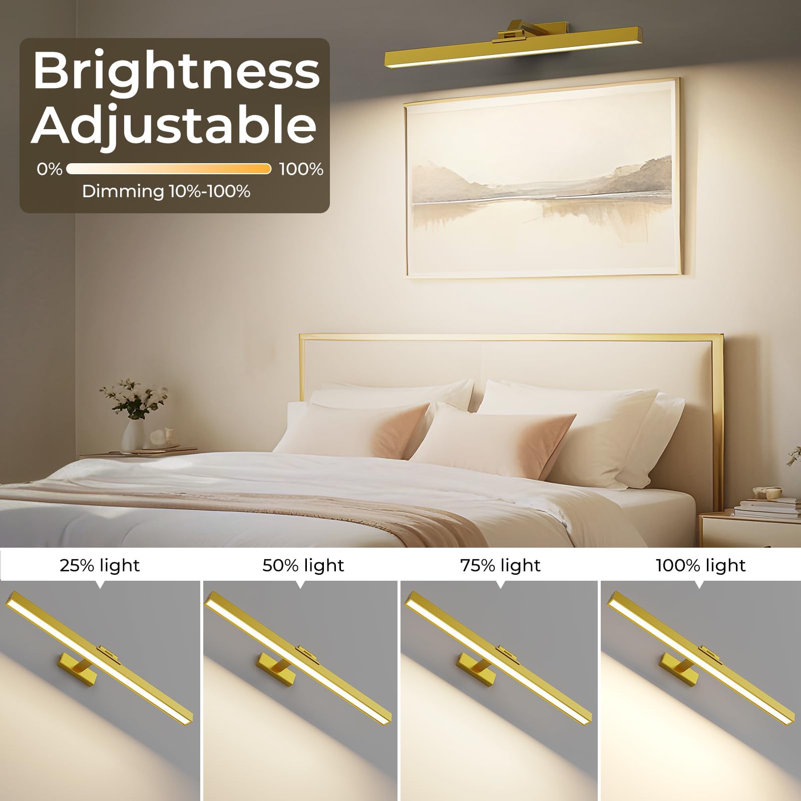 V1171 Wall Picture Light, 24in Battery-Powered, Remote Control, Dimmable, Gold - SuperSaverAU - view 3