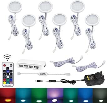 RGB 6-Light Slim Aluminium Under Cabinet LED Puck Light Kit