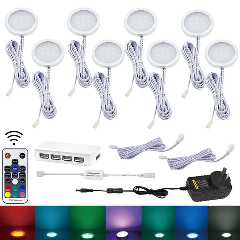RGB Color Changing LED Under Cabinet Lighting Kit, 8 Puck Lights, Aluminum, Remote Control - SuperSaverAU - view 1