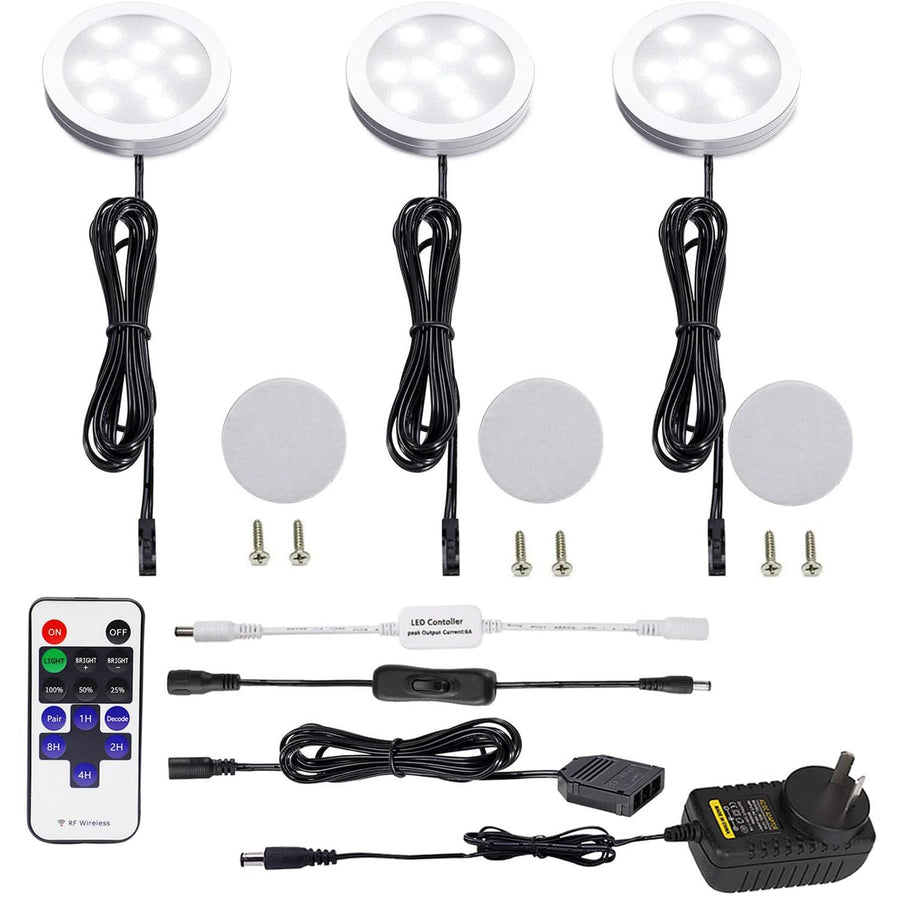 Premium Round Display LED Puck Lights – Daylight White 3 Pack with Remote