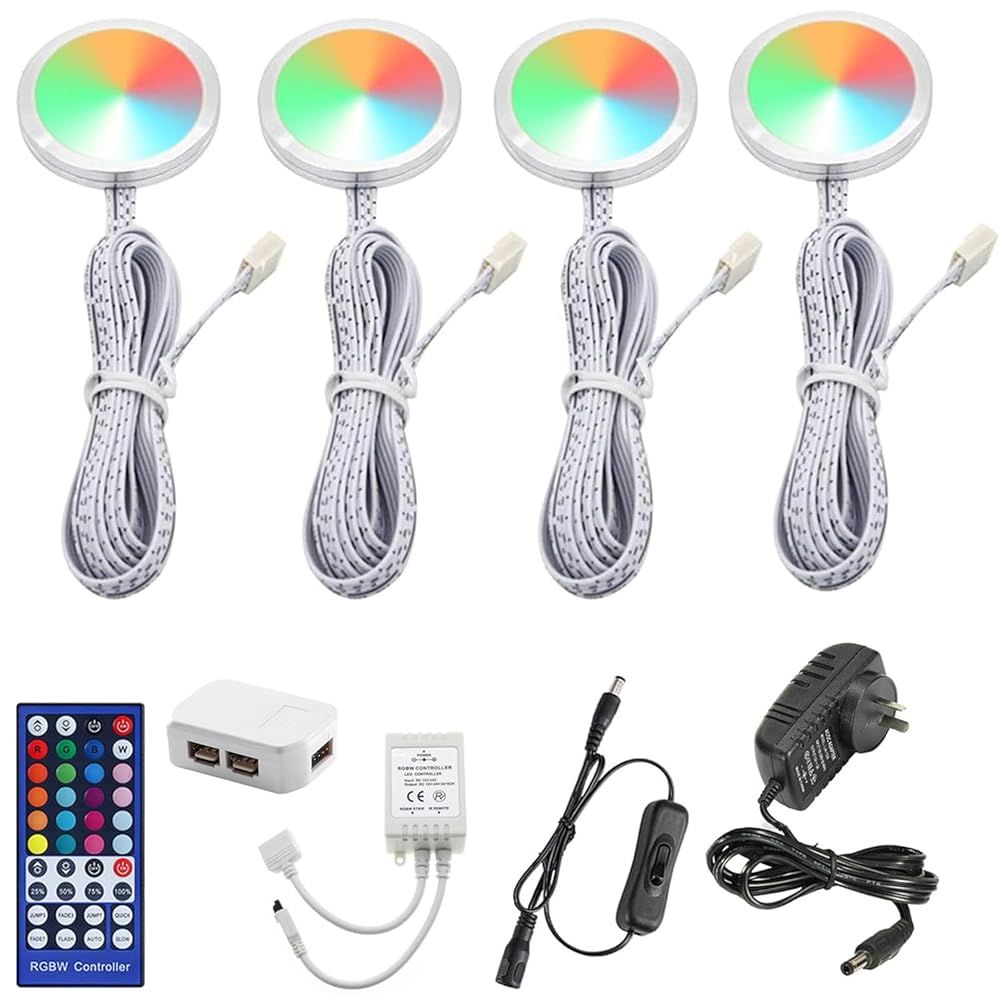 RGBWW 4-Light Under Cabinet LED Puck Light Kit with IR Remote - 12W