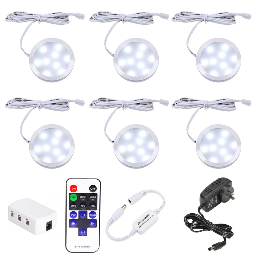 Dimmable LED Under Cabinet Lighting Kit, 6 Ultra Slim Puck Lights, 12V with Remote - SuperSaverAU - view 1