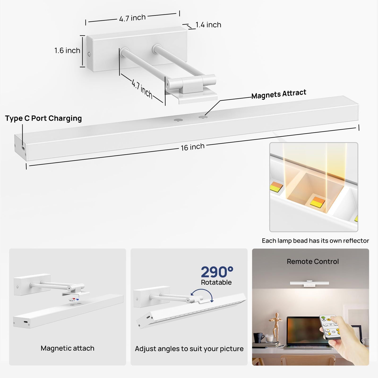 Premium Battery Operated Picture Light – White 16 Inch, 4000mAh Remote & Touch Control